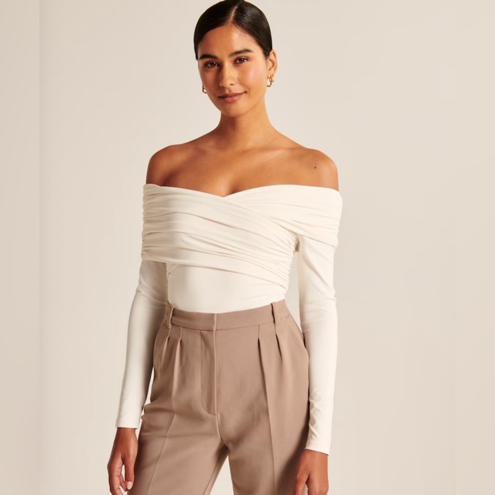 Abercrombie Long Sleeve Ruched Wrap Bodysuit in White